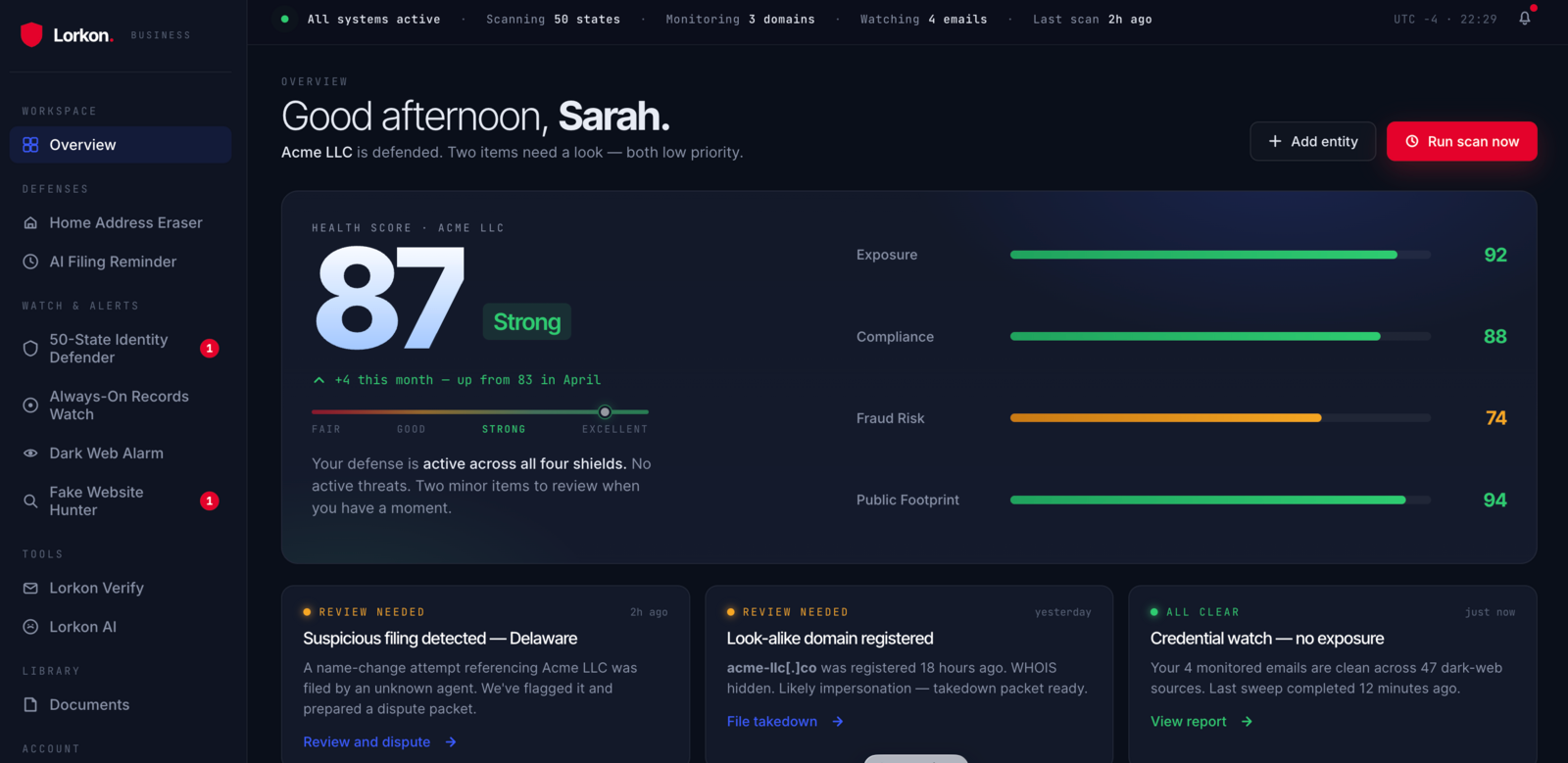 Lorkon Business dashboard, four shield meters, real-time fraud alerts